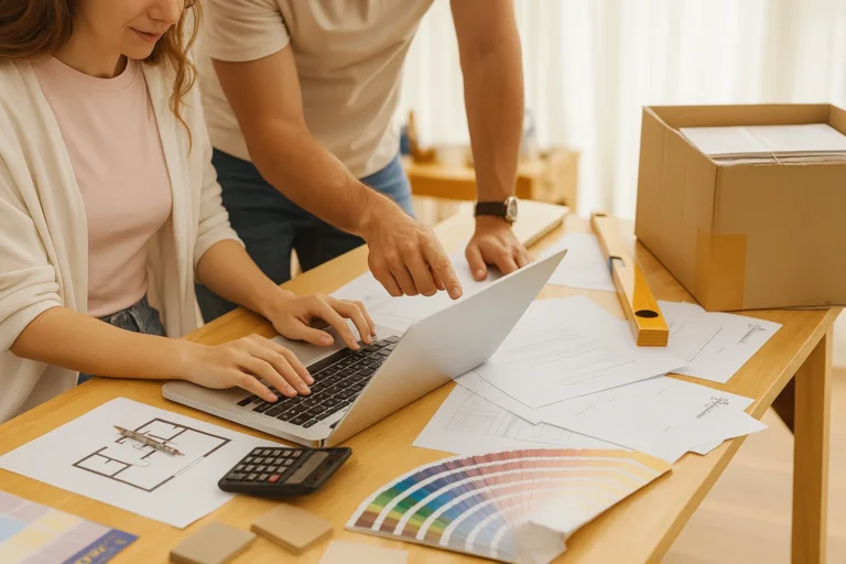 Dos personas colaborando en el desarrollo de un anteproyecto para terraza, con planos, paletas de colores, presupuesto y laptop sobre la mesa