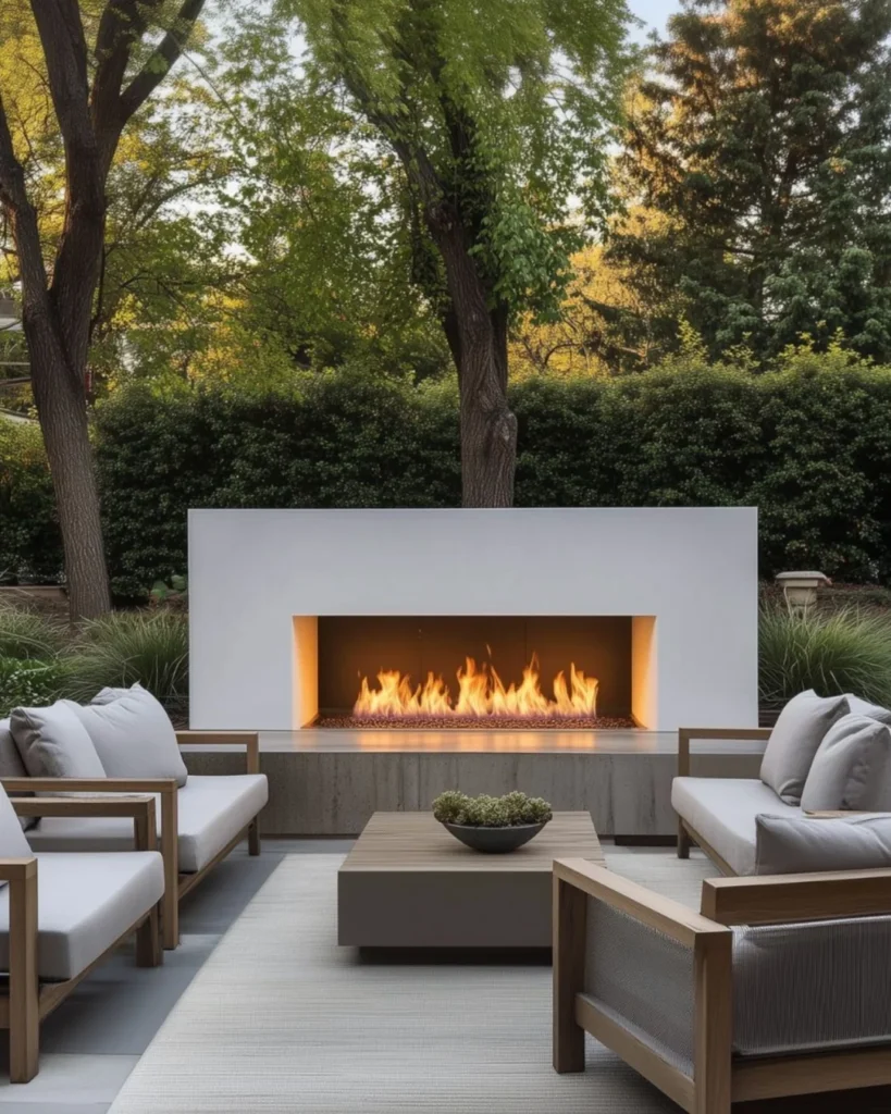chimenea exterior en moderna terraza contemporanea