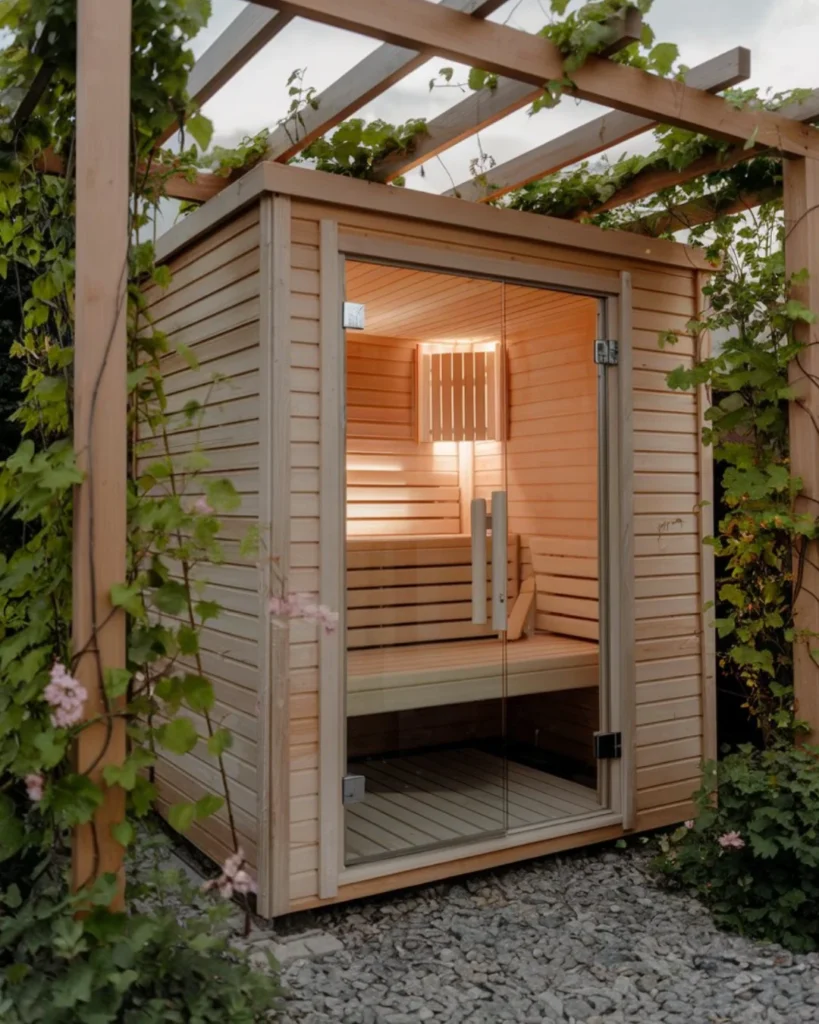 wellness spa para terraza con sauna exterior de madera